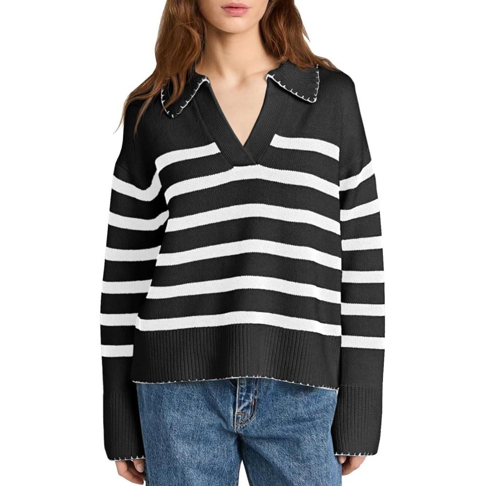 imageSaodimallsu Women Striped Knitted Sweater V Neck Pullover Casual Long Sleeve SweaterBlack