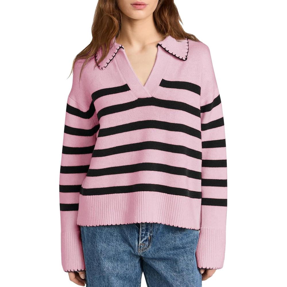 imageSaodimallsu Women Striped Knitted Sweater V Neck Pullover Casual Long Sleeve SweaterPink