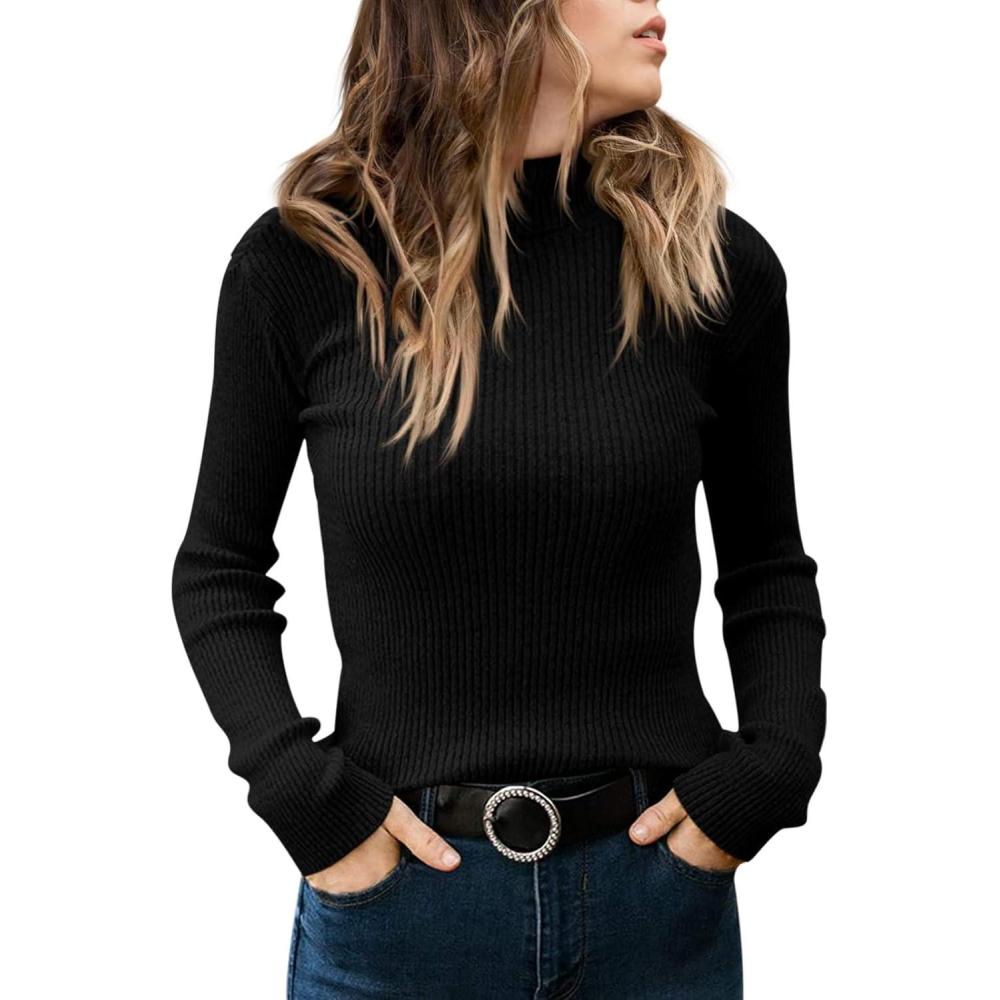 imageSaodimallsu Women Turtleneck Sweater Autumn Winter Thin Knit Sweater Casual Solid ColorBlack