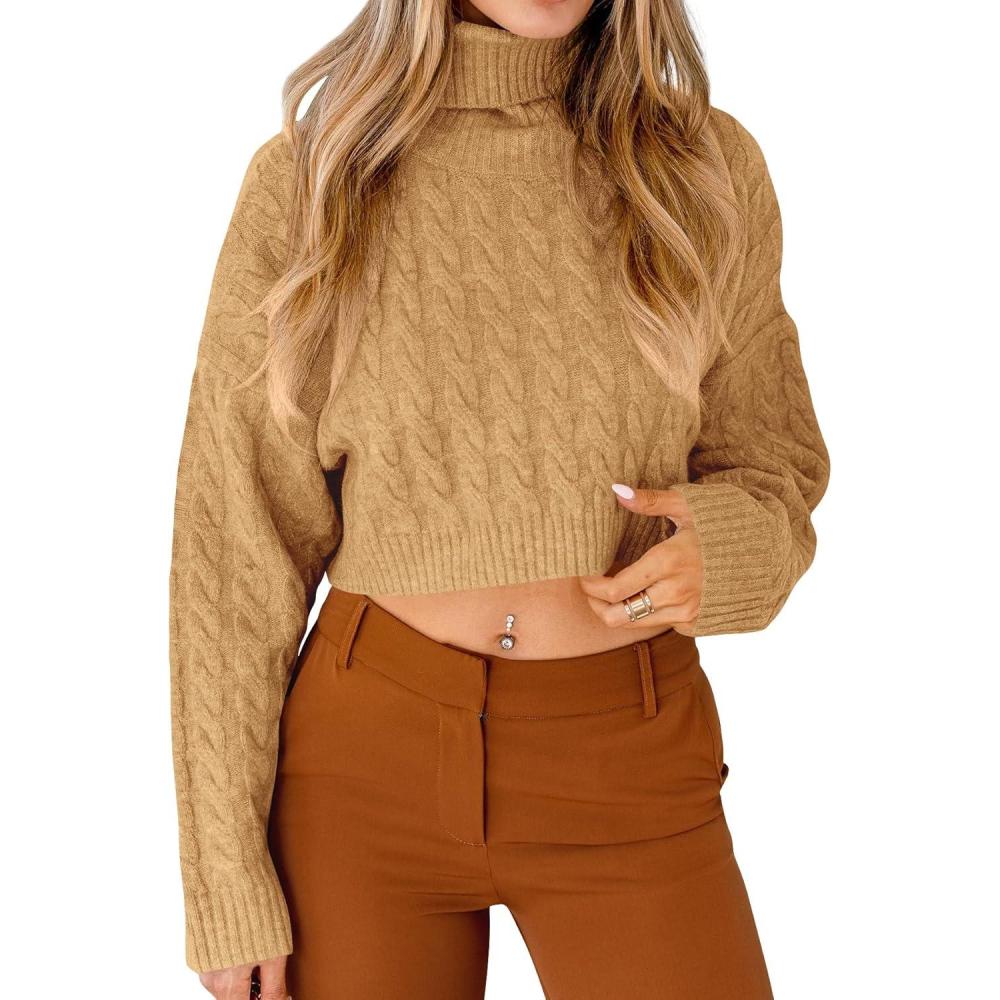imageSaodimallsu Women Turtleneck Sweater Short Sweater Knitted Long Sleeve Chunky Winter SweaterBrown