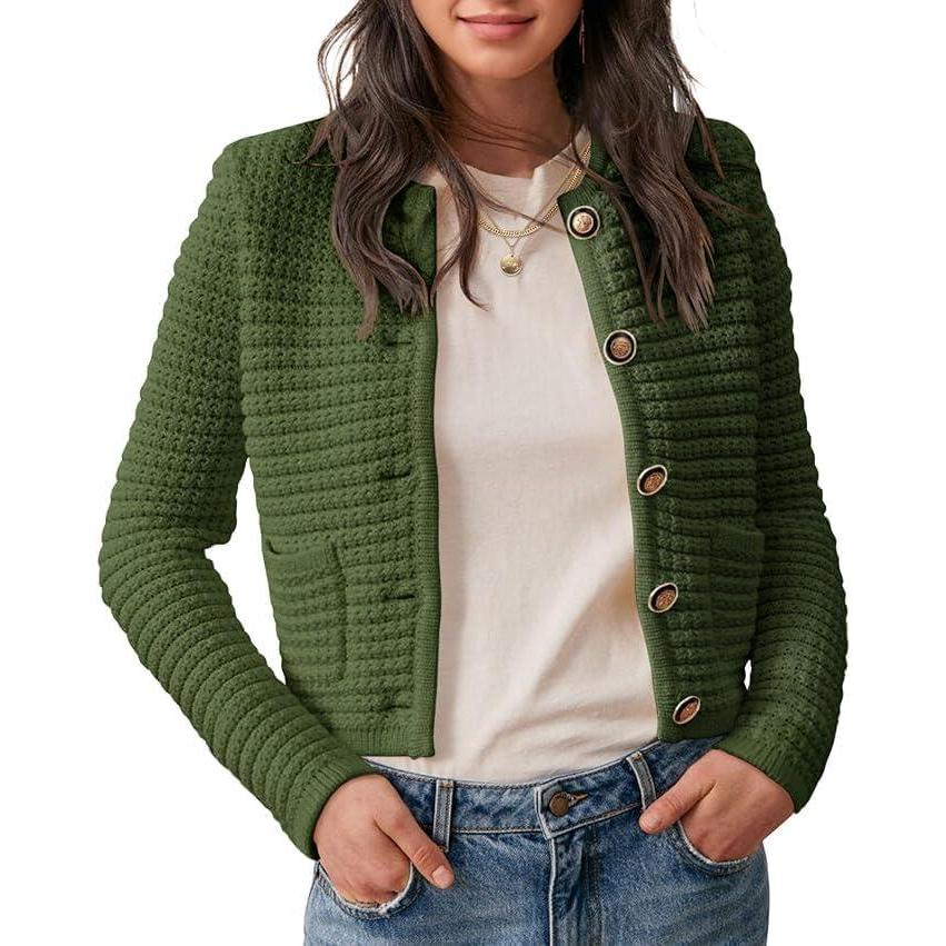imageSaodimallsu Womens Lightweight Long Sleeve Cardigans Round Neck Button Down Sweater Vintage Classic Elegant Knit Sweater with PocketsGreen