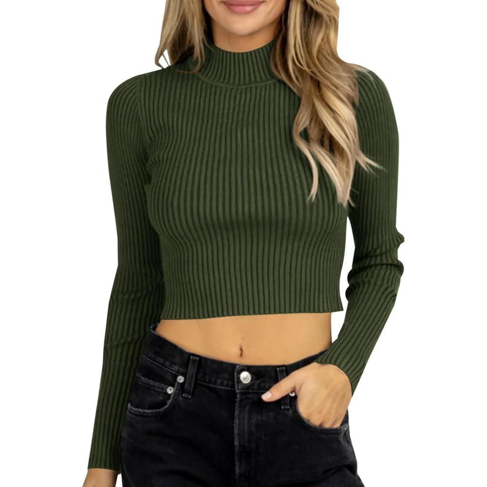 imageSaodimallsu Womens Long Sleeve Ribbed Knit Jumper Half Turtleneck Pullover Sexy Knit Slim Fit SweaterGreen Olive