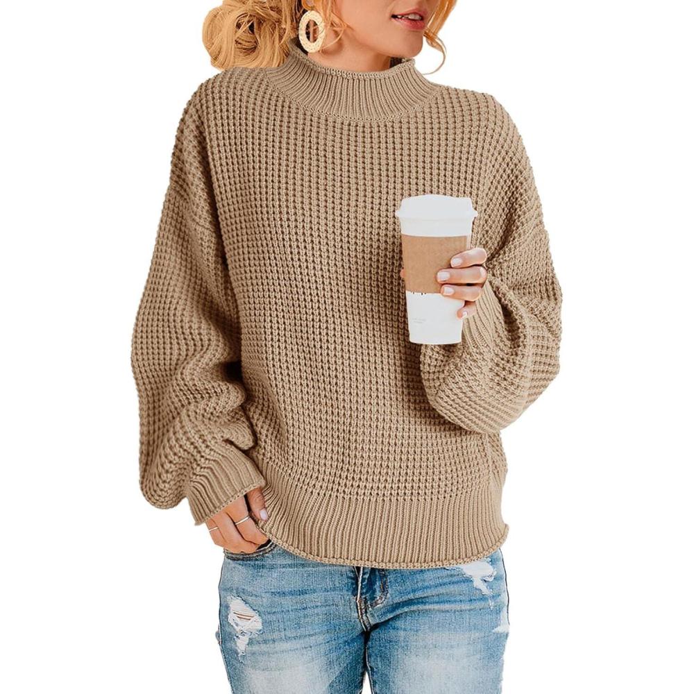 imageSaodimallsu Womens Oversized Turtleneck SweatersZ Waffle Khaki