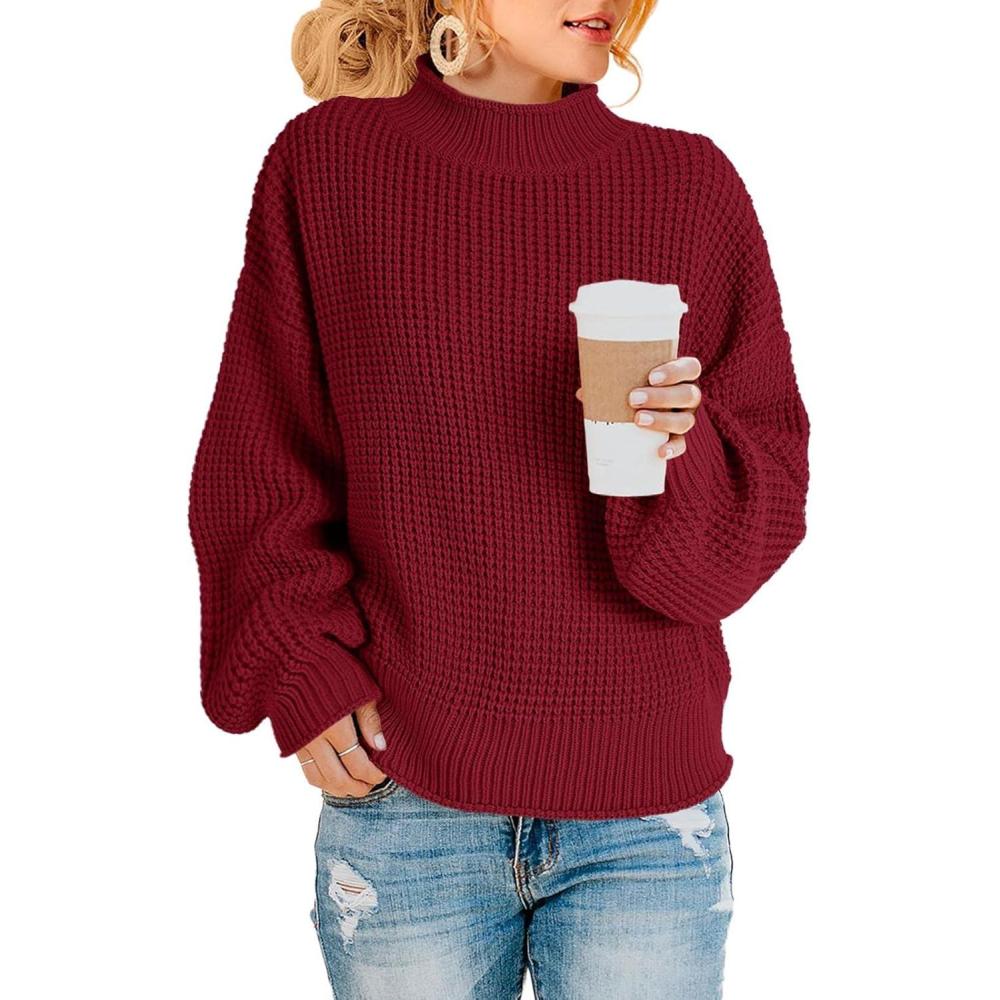 imageSaodimallsu Womens Oversized Turtleneck SweatersZ Waffle Wine Redburgundy