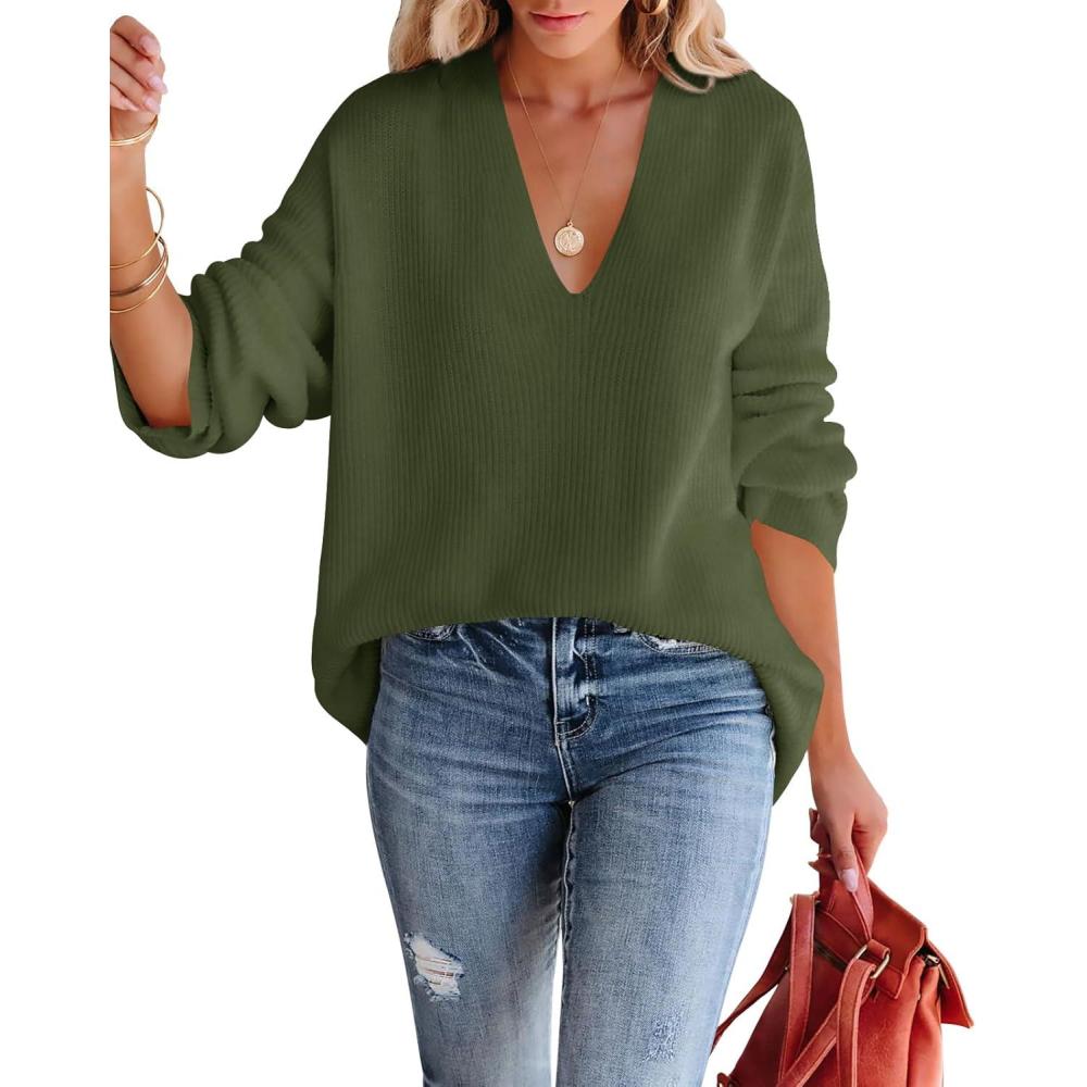 imageSaodimallsu Womens Plus Size Pullover V Neck Long Sleeve Pullover Tunic Knitted Chic SweaterGreen