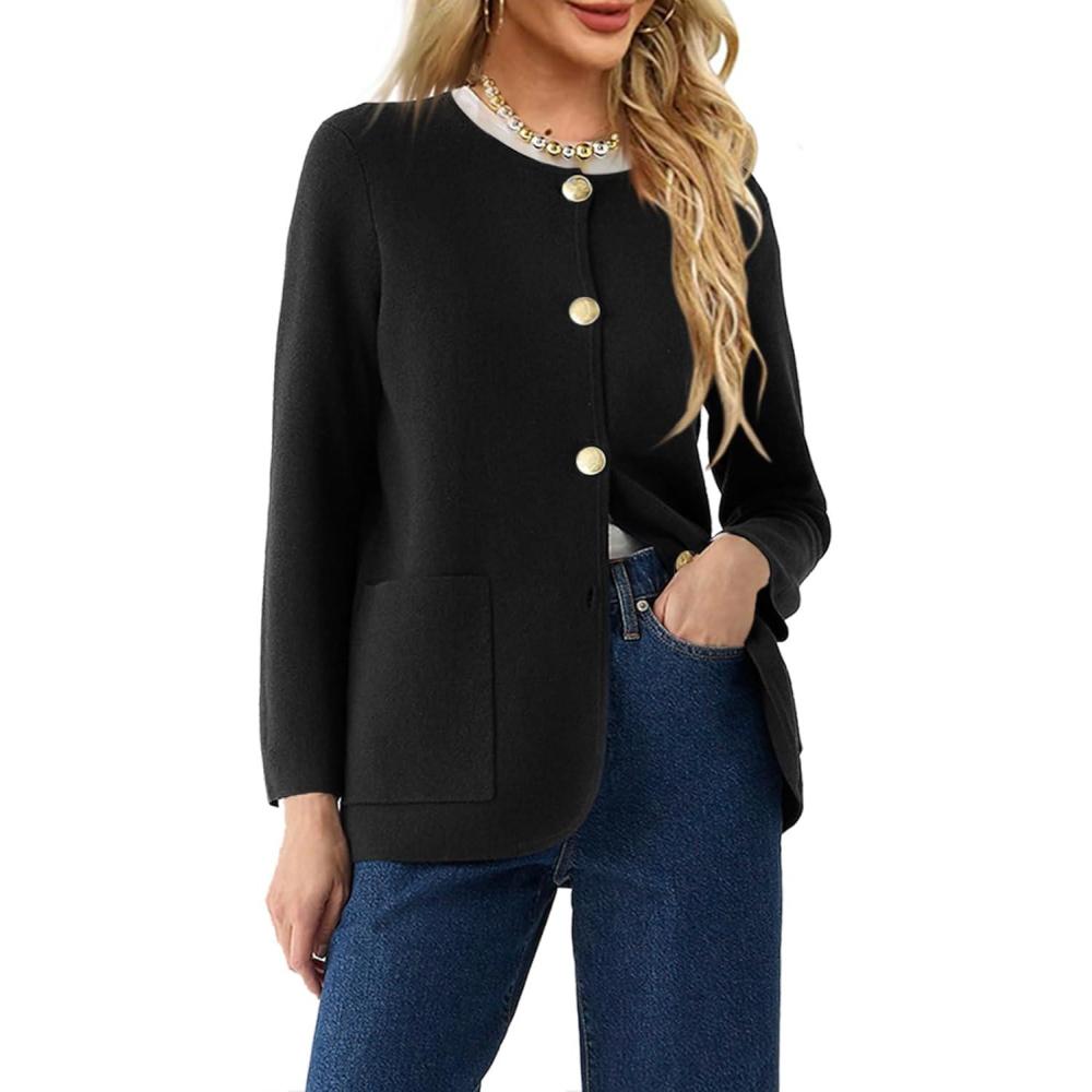 imageSaodimallsu Womens Round Neck Long Sleeve Top Autumn Winter Blazer Warm Elegant Business Coat with PocketBlack