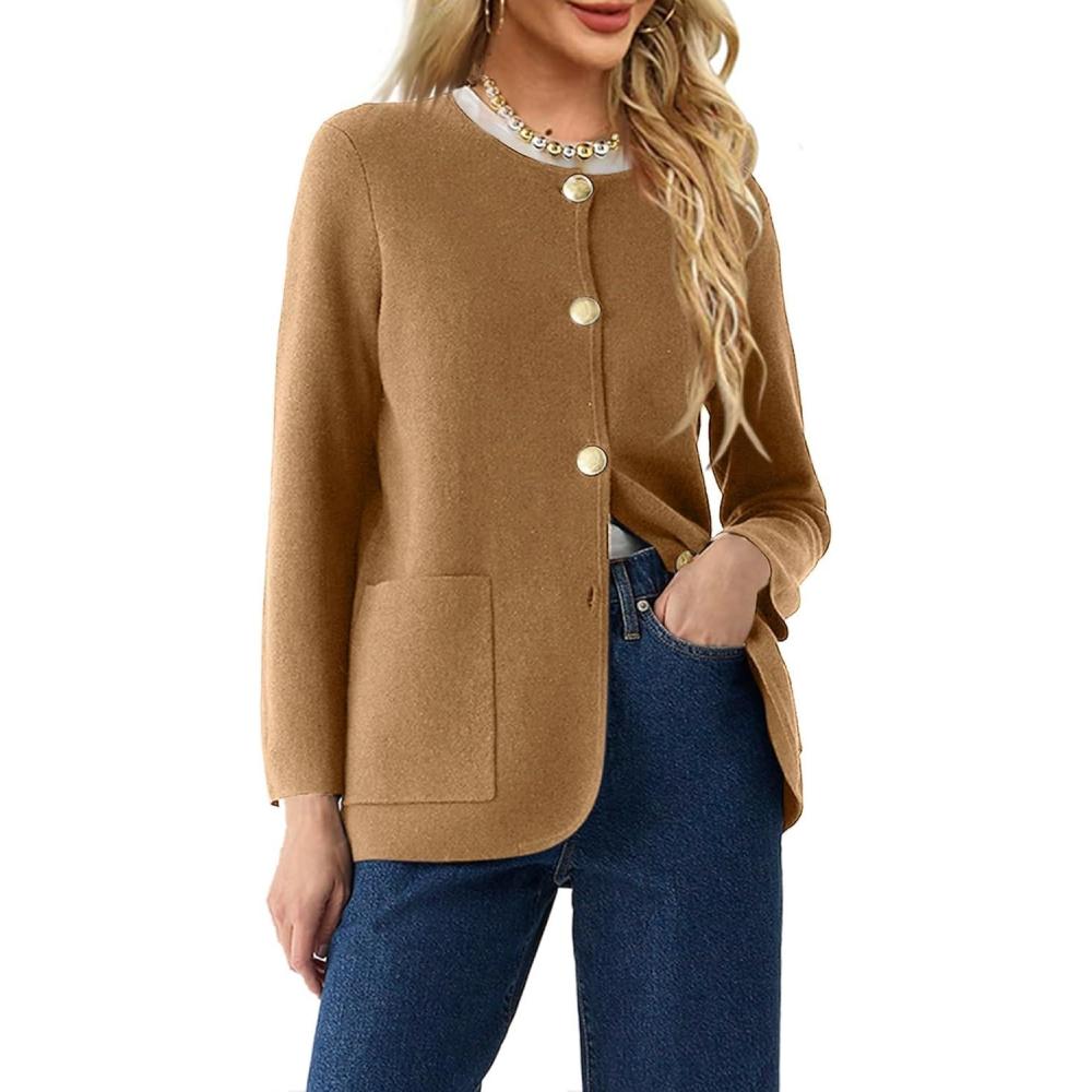 imageSaodimallsu Womens Round Neck Long Sleeve Top Autumn Winter Blazer Warm Elegant Business Coat with PocketKhaki