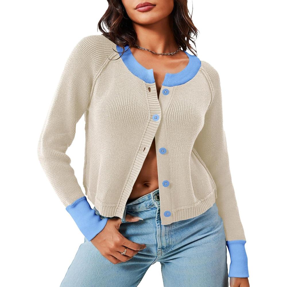 imageSaodimallsu Womens Short Cardigan Button Down Sweater Long Sleeve Round Neck Autumn Ribbed Cardigan Color Block Fashion KnitApricot