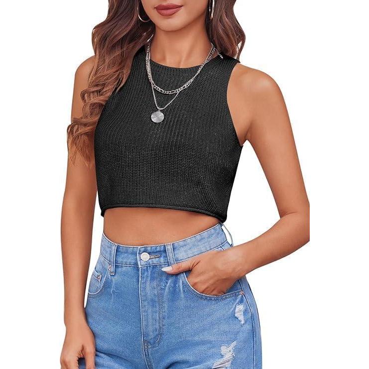 imageSaodimallsu Womens Summer Backless Sleeveless Knitted Racerback Tank Top Slim Fit Crew Neck BasicBlack