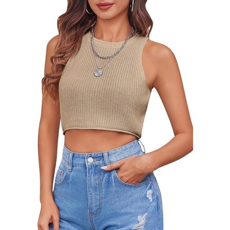 imageSaodimallsu Womens Summer Backless Sleeveless Knitted Racerback Tank Top Slim Fit Crew Neck BasicKhaki