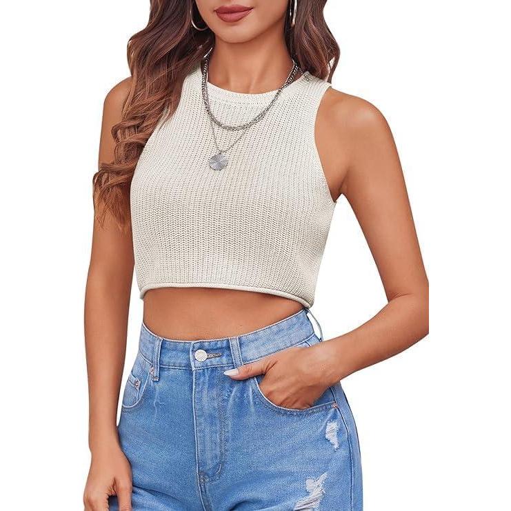 imageSaodimallsu Womens Summer Backless Sleeveless Knitted Racerback Tank Top Slim Fit Crew Neck BasicWhite