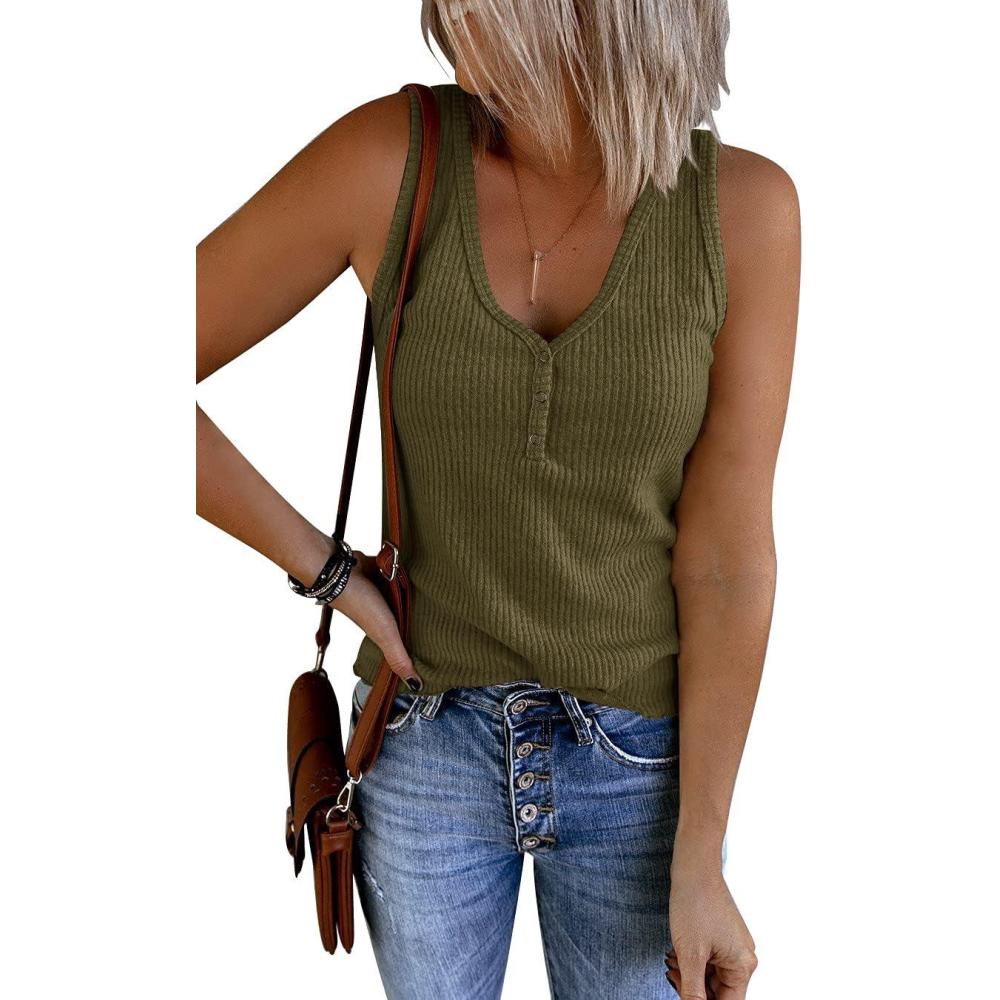 imageSaodimallsu Womens Summer Ribbed Sleeveless V Neck Tank TopGreen Army