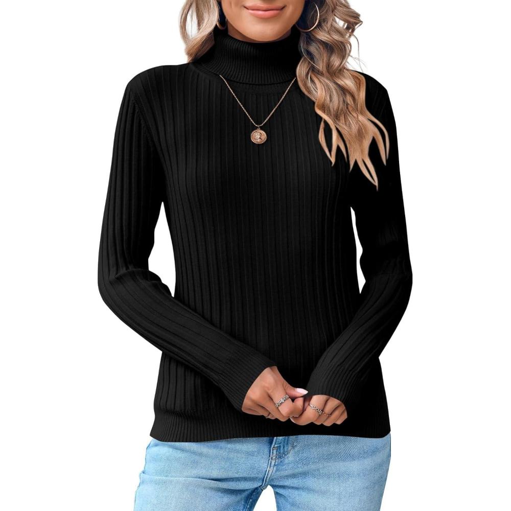 imageSaodimallsu Womens Turtleneck Sweater Autumn Winter Long Sleeve Casual Elegant SweaterBlack