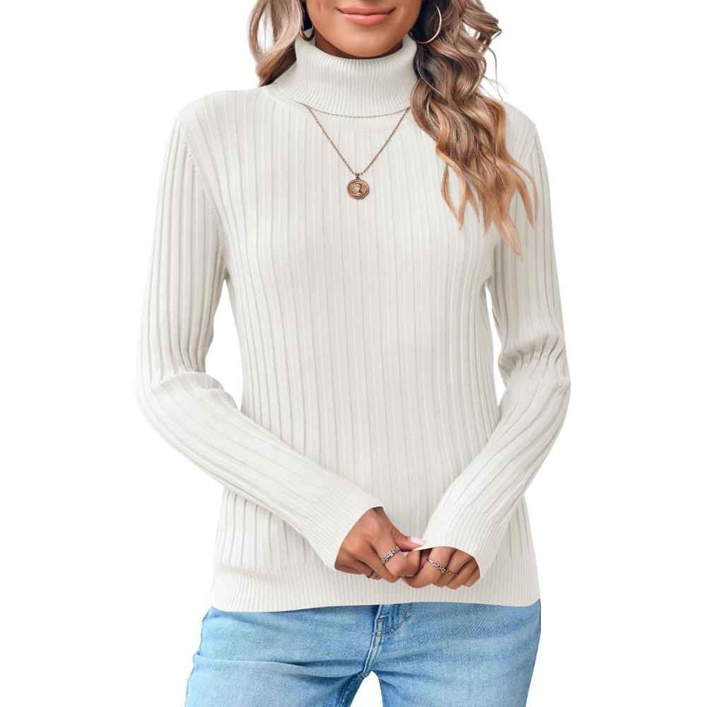 imageSaodimallsu Womens Turtleneck Sweater Autumn Winter Long Sleeve Casual Elegant SweaterWhite