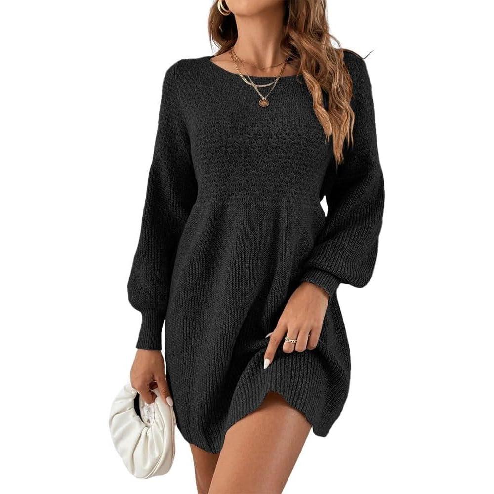 imageSaodimallsu womens knit dress round neck puff sleeve high waist sweater dress elegant knitted sweater dress mini swing dressBlack