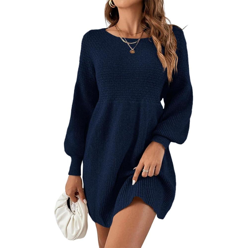 imageSaodimallsu womens knit dress round neck puff sleeve high waist sweater dress elegant knitted sweater dress mini swing dressDark Blue