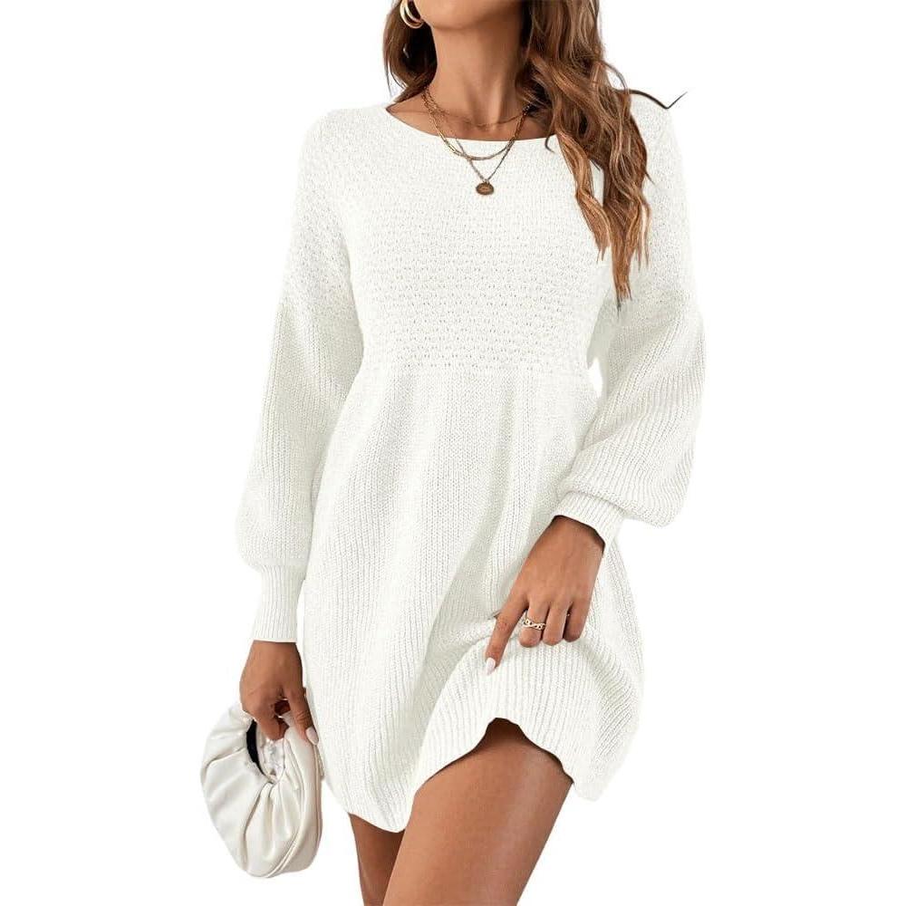 imageSaodimallsu womens knit dress round neck puff sleeve high waist sweater dress elegant knitted sweater dress mini swing dressWhite