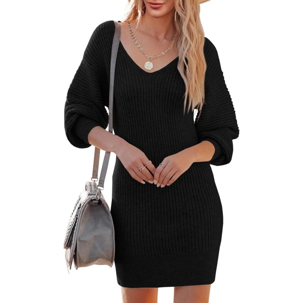 imageSaodimallsu womens knitted dress v neck long sleeve sweater elegant mini sweater dress casual tunic sweater sweater sweater dress for autumn winterBlack