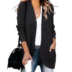 Saodimallsu Loose Open Front Cardigan for Women Long Sleeve Soft Lightweight Knit Sweater Coat with Pockets (Large, Blue)(Black)