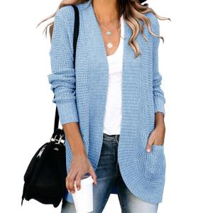 Saodimallsu Loose Open Front Cardigan for Women Long Sleeve Soft Lightweight Knit Sweater Coat with Pockets (Large, Blue)(Bright Blue)