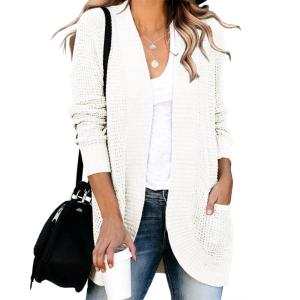 Saodimallsu Loose Open Front Cardigan for Women Long Sleeve Soft Lightweight Knit Sweater Coat with Pockets (Large, Blue)(Cream White)