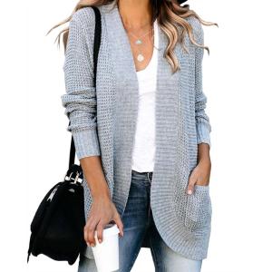 Saodimallsu Loose Open Front Cardigan for Women Long Sleeve Soft Lightweight Knit Sweater Coat with Pockets (Large, Blue)(Grey)