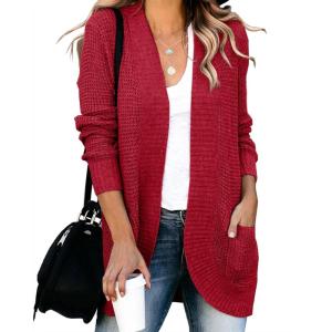 Saodimallsu Loose Open Front Cardigan for Women Long Sleeve Soft Lightweight Knit Sweater Coat with Pockets (Large, Blue)(Wine Red)
