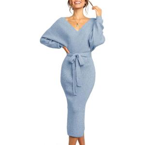 Saodimallsu Stylish V-neck sweater with bat wings with belt(Blue)