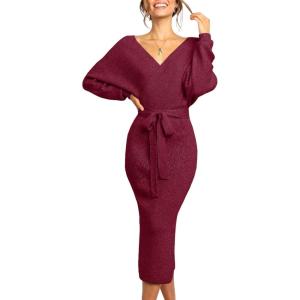 Saodimallsu Stylish V-neck sweater with bat wings with belt(Bordeaux Red)
