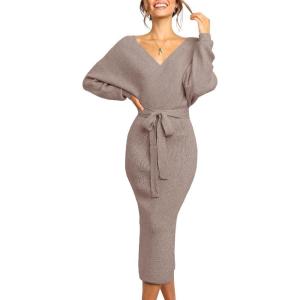 Saodimallsu Stylish V-neck sweater with bat wings with belt(Coffee)