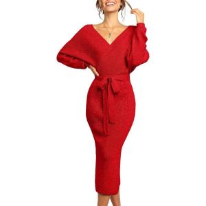 Saodimallsu Stylish V-neck sweater with bat wings with belt(Deep Red)