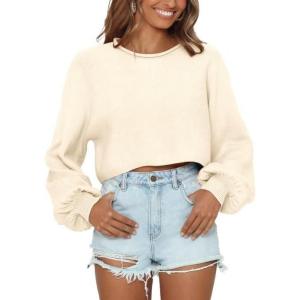 Saodimallsu Women Bell Sleeve Sweater Round Neck Sweater Casual Knit Pullover Loose Tops Autumn Winter Long Sleeve Pullover(Beige)