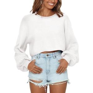Saodimallsu Women Bell Sleeve Sweater Round Neck Sweater Casual Knit Pullover Loose Tops Autumn Winter Long Sleeve Pullover(White)