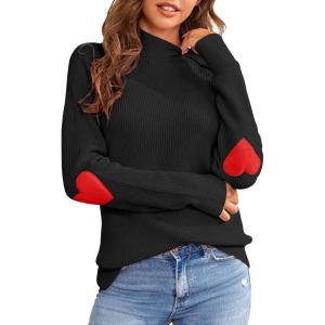 Saodimallsu Women Knitted Sweater Heart Shape Casual Turtleneck Autumn Winter Sweater(Black)