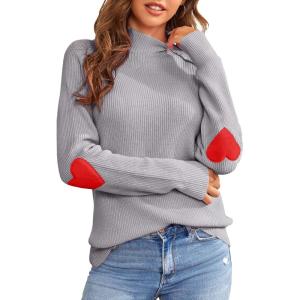 Saodimallsu Women Knitted Sweater Heart Shape Casual Turtleneck Autumn Winter Sweater(Grey)
