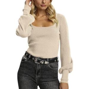 Saodimallsu Women Knitted Sweater Lantern Long Sleeve Square Neck Slim Fit Autumn Winter Solid Color(Beige)
