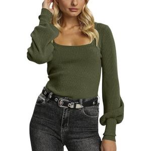 Saodimallsu Women Knitted Sweater Lantern Long Sleeve Square Neck Slim Fit Autumn Winter Solid Color(Green)