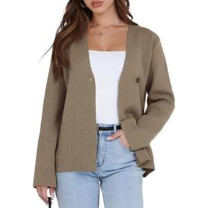Saodimallsu Women Long Sleeve Cardigan V Neck Casual Business Fashion Solid Color(Coffee Brown)