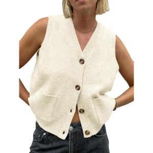 Saodimallsu Women Sleeveless Sweater Loose Fit Knitted Vest V Button Fashion Casual Sweater with Pockets(Beige)