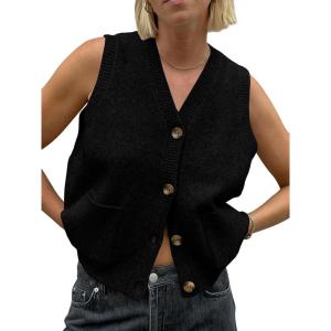 Saodimallsu Women Sleeveless Sweater Loose Fit Knitted Vest V Button Fashion Casual Sweater with Pockets(Black)