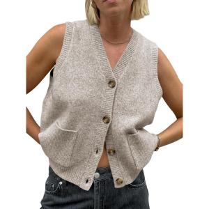 Saodimallsu Women Sleeveless Sweater Loose Fit Knitted Vest V Button Fashion Casual Sweater with Pockets(Light Khaki.)