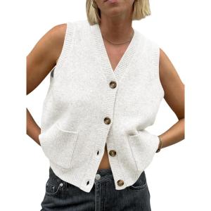 Saodimallsu Women Sleeveless Sweater Loose Fit Knitted Vest V Button Fashion Casual Sweater with Pockets(White)