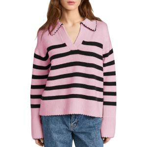 Saodimallsu Women Striped Knitted Sweater V Neck Pullover Casual Long Sleeve Sweater(Pink)