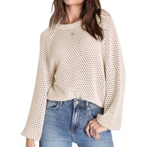 Saodimallsu Women Sweater Round Neck Crochet Sweater Lightweight Fishnet Fashion Hollow Out Knitted Sweater(Beige)