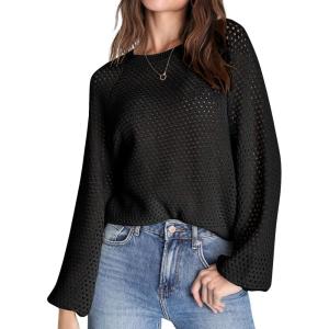 Saodimallsu Women Sweater Round Neck Crochet Sweater Lightweight Fishnet Fashion Hollow Out Knitted Sweater(Black)