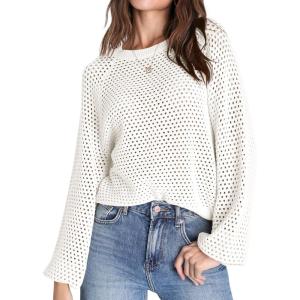 Saodimallsu Women Sweater Round Neck Crochet Sweater Lightweight Fishnet Fashion Hollow Out Knitted Sweater(White)
