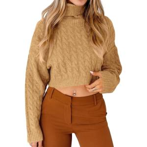 Saodimallsu Women Turtleneck Sweater Short Sweater Knitted Long Sleeve Chunky Winter Sweater(Brown)