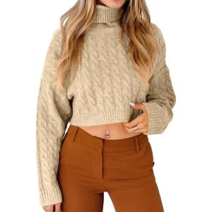 Saodimallsu Women Turtleneck Sweater Short Sweater Knitted Long Sleeve Chunky Winter Sweater(Khaki)