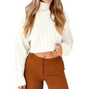 Saodimallsu Women Turtleneck Sweater Short Sweater Knitted Long Sleeve Chunky Winter Sweater(White)