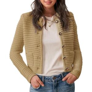 Saodimallsu Women&rsquo;s Lightweight Long Sleeve Cardigans Round Neck Button Down Sweater Vintage Classic Elegant Knit Sweater with Pockets(Khaki)